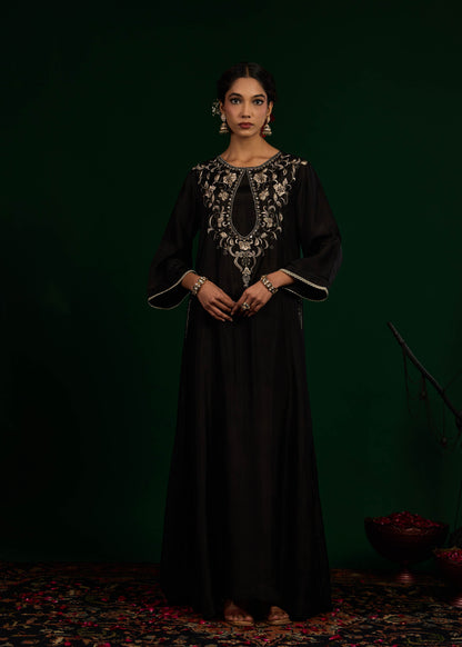Gulnaar Silk Kaftan Dress -  Black