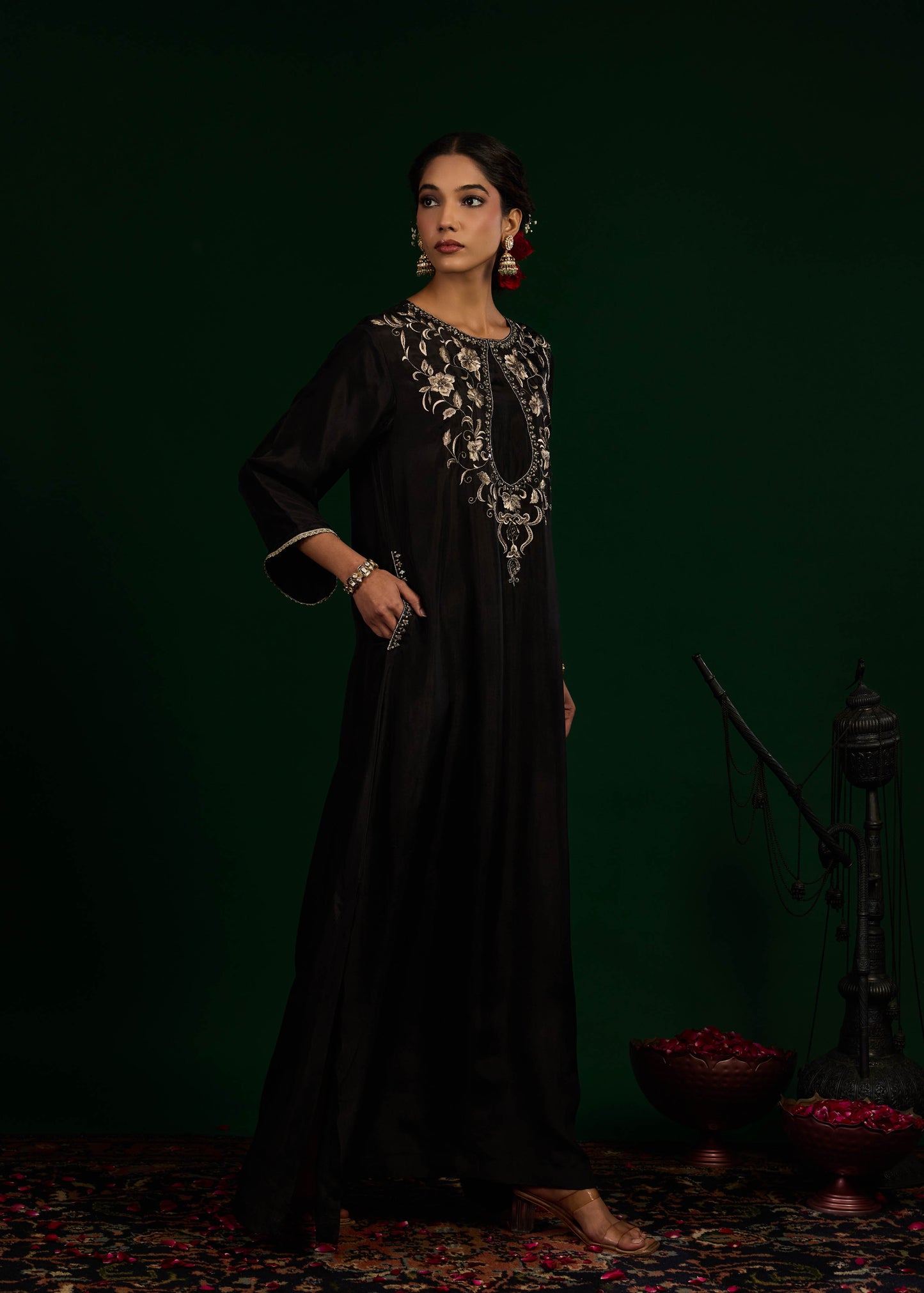 Gulnaar Silk Kaftan Dress -  Black