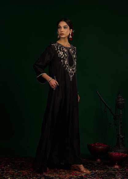 Gulnaar Silk Kaftan Dress -  Black