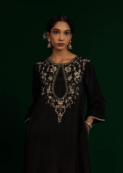Gulnaar Silk Kaftan Dress -  Black