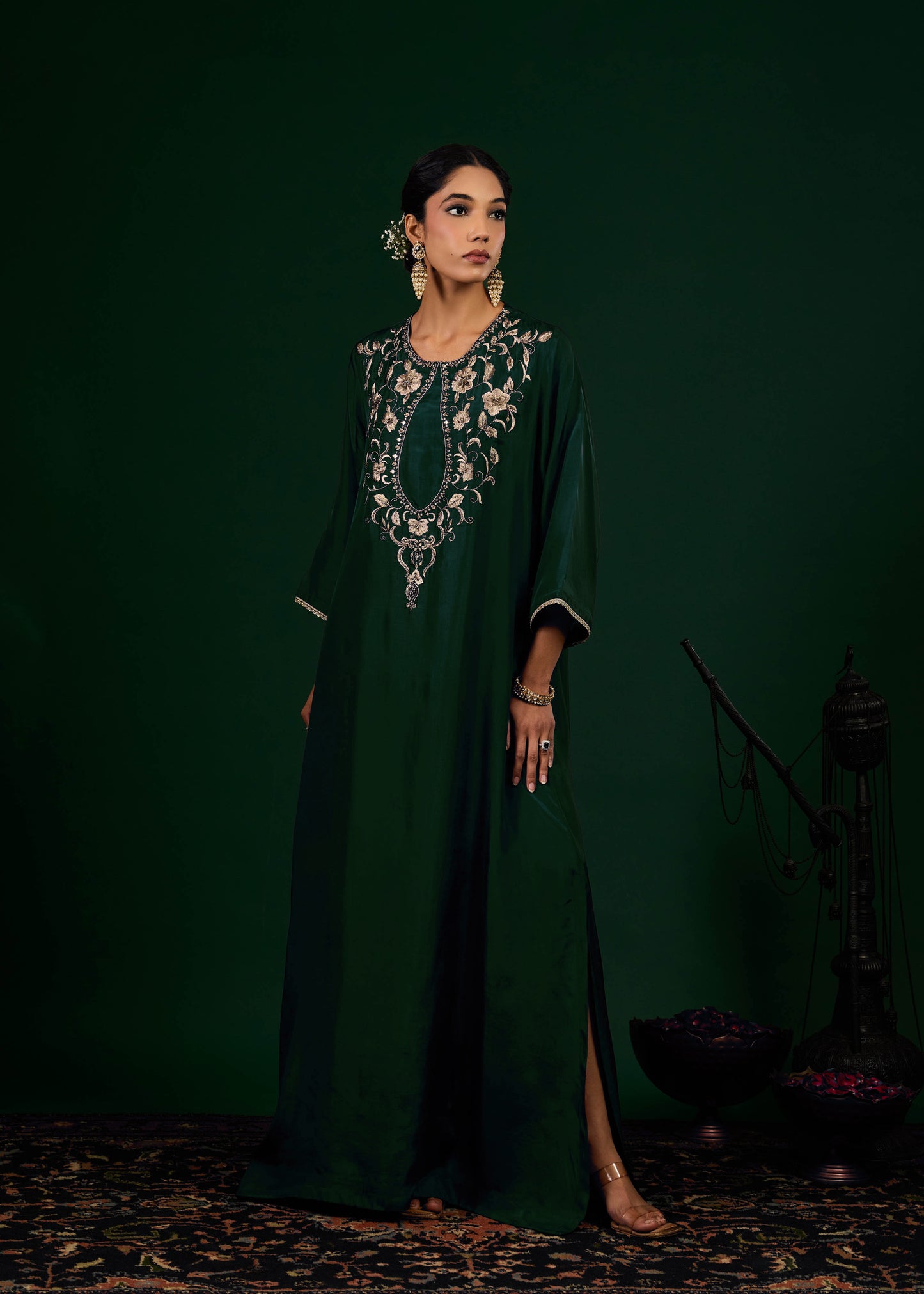 Gulnaar Silk Kaftan Dress -  Emerald Green