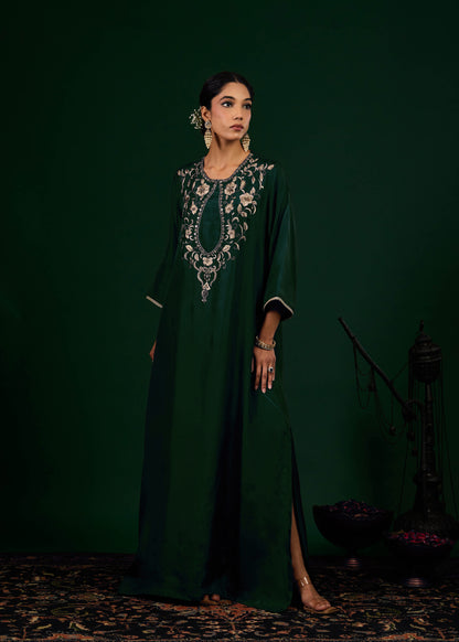 Gulnaar Silk Kaftan Dress -  Emerald Green