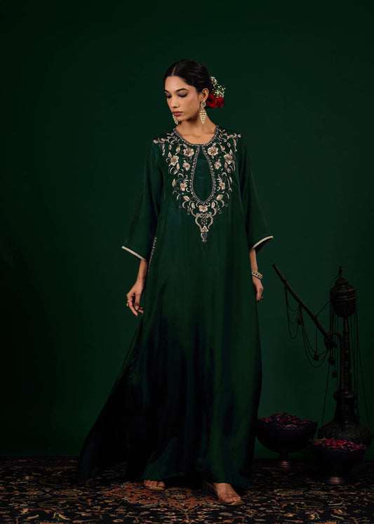 Gulnaar Silk Kaftan Dress -  Emerald Green