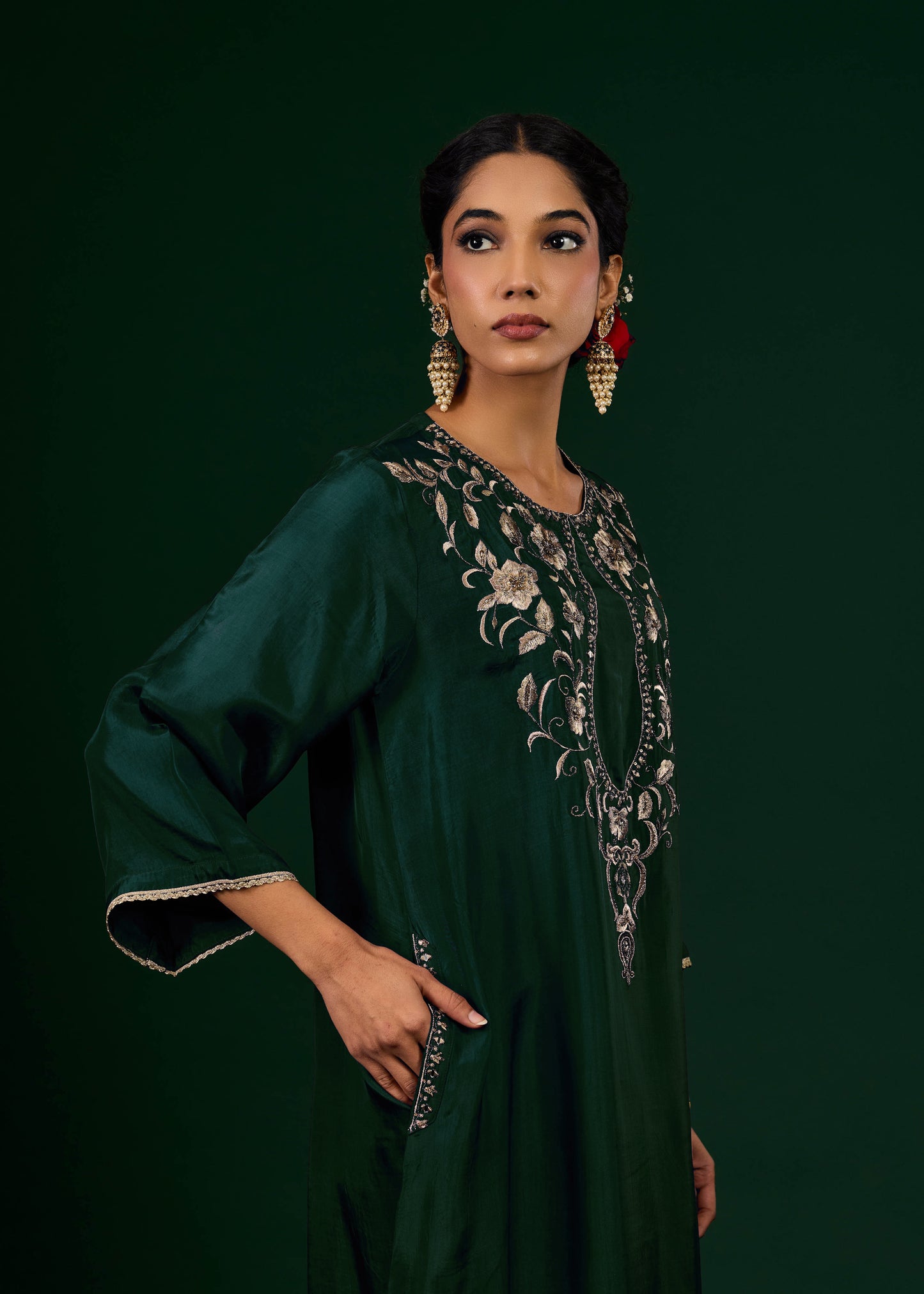 Gulnaar Silk Kaftan Dress -  Emerald Green