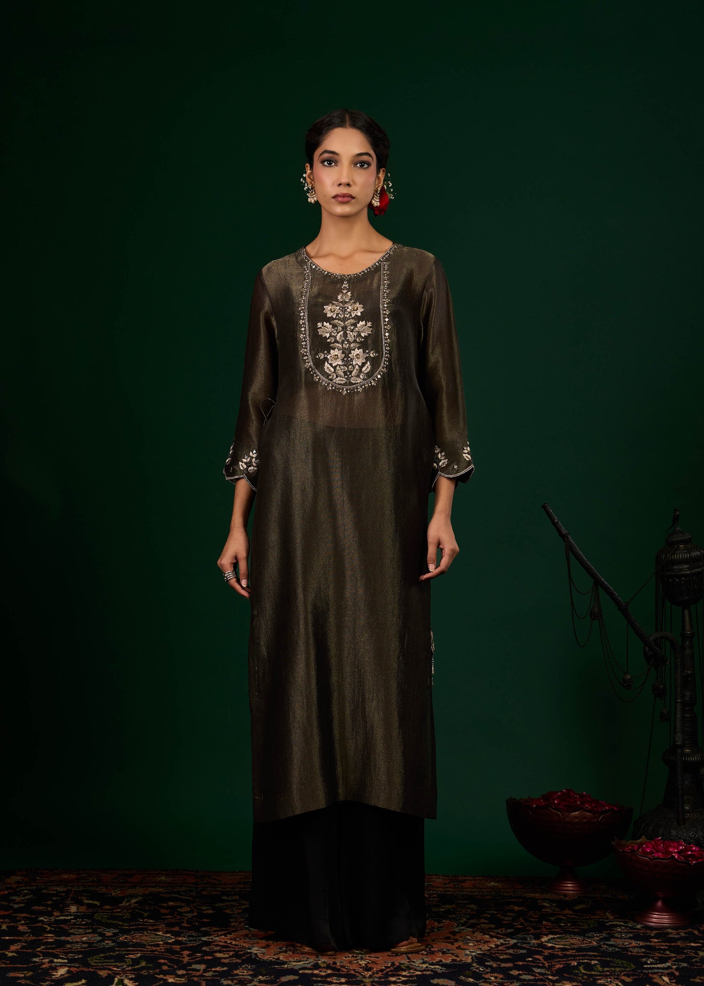 Ruhani Tissue Kurta with Slip & Trousers - Black