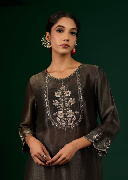 Ruhani Tissue Kurta with Slip & Trousers - Black
