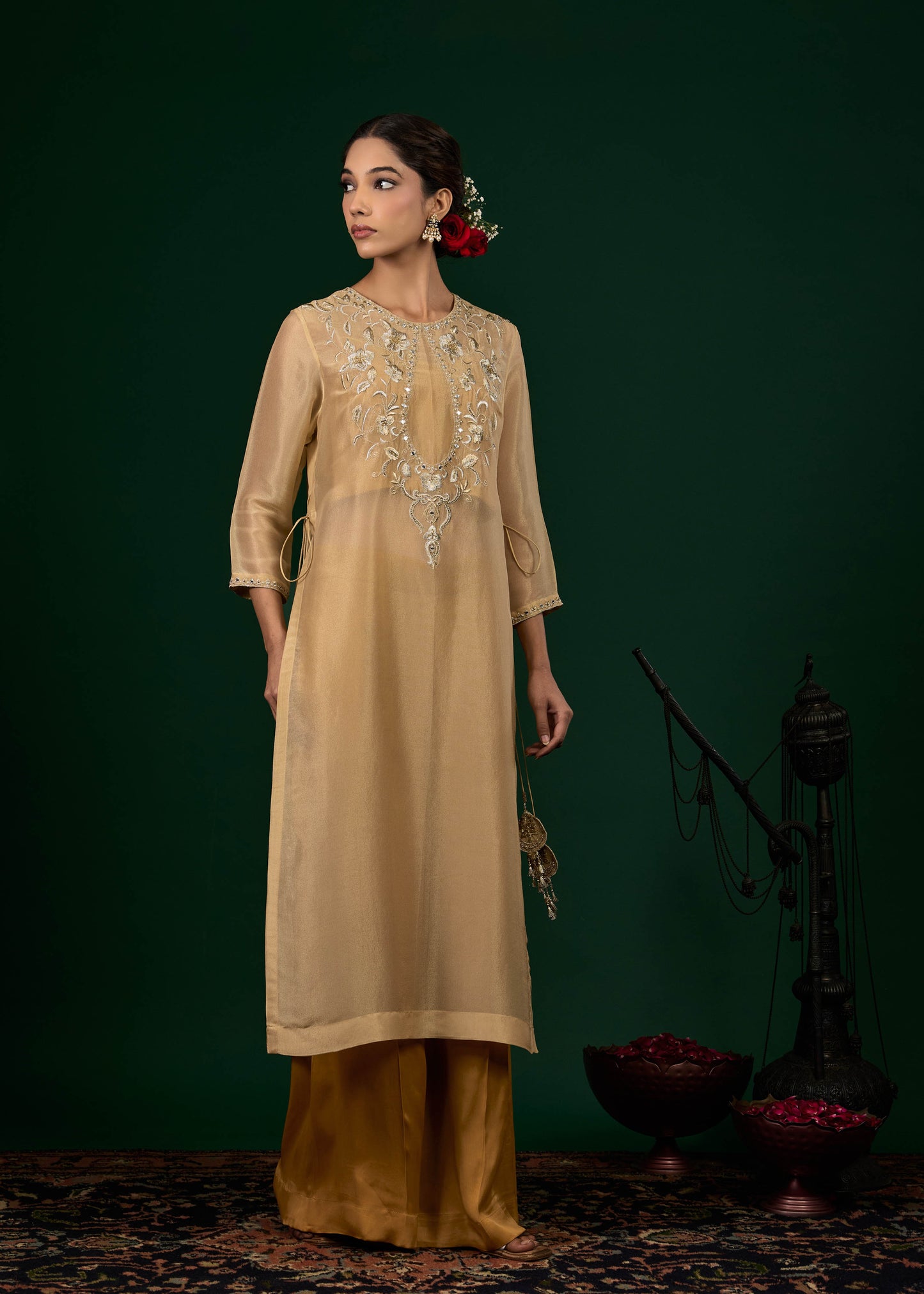Gulnaar Tissue Kurta with Slip & Trousers - Gold & Beige