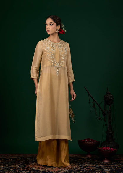 Gulnaar Tissue Kurta with Slip & Trousers - Gold & Beige