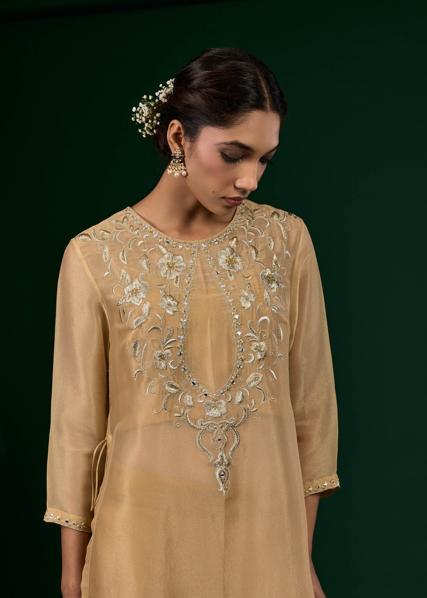 Gulnaar Tissue Kurta with Slip & Trousers - Gold & Beige