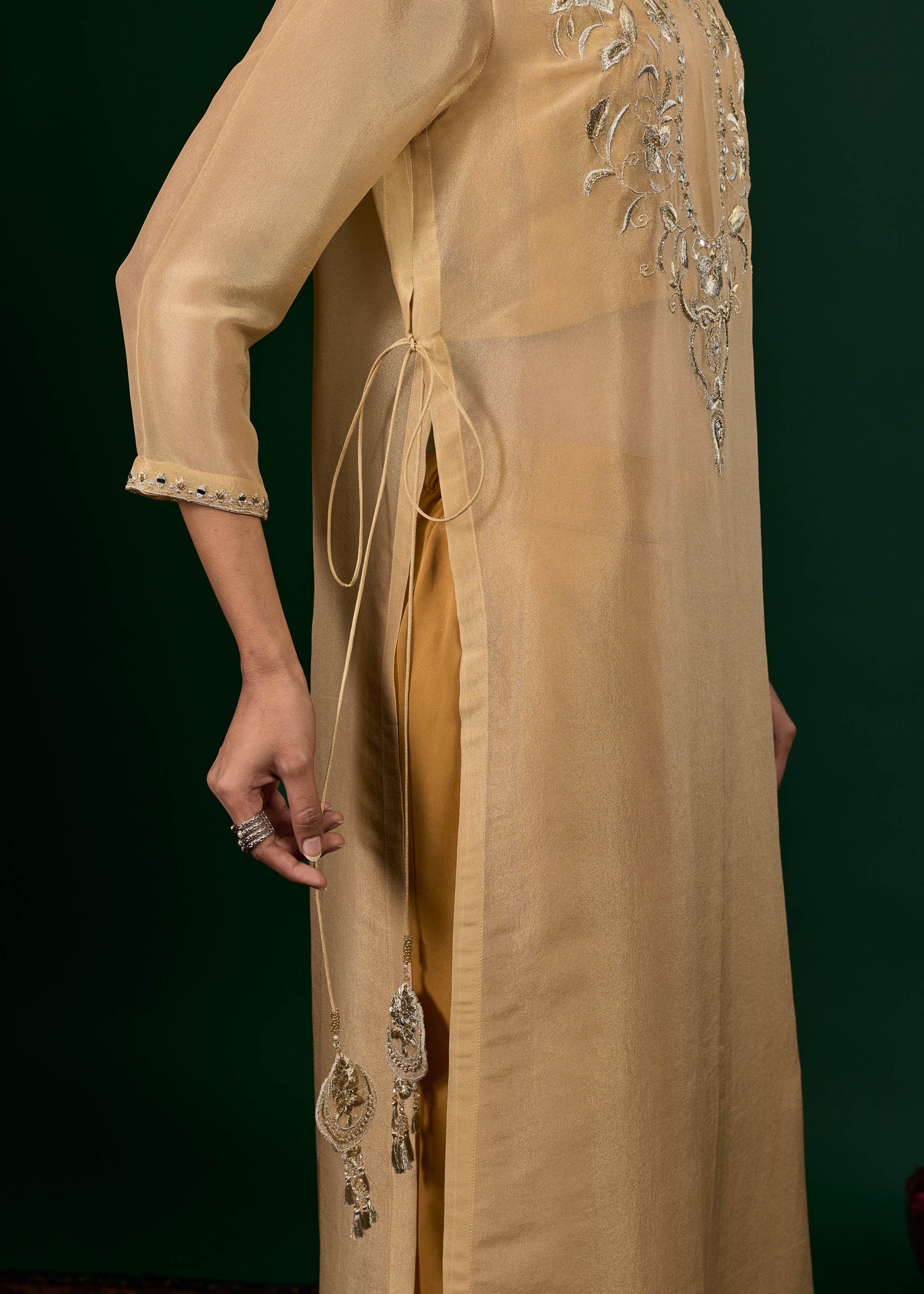 Gulnaar Tissue Kurta with Slip & Trousers - Gold & Beige