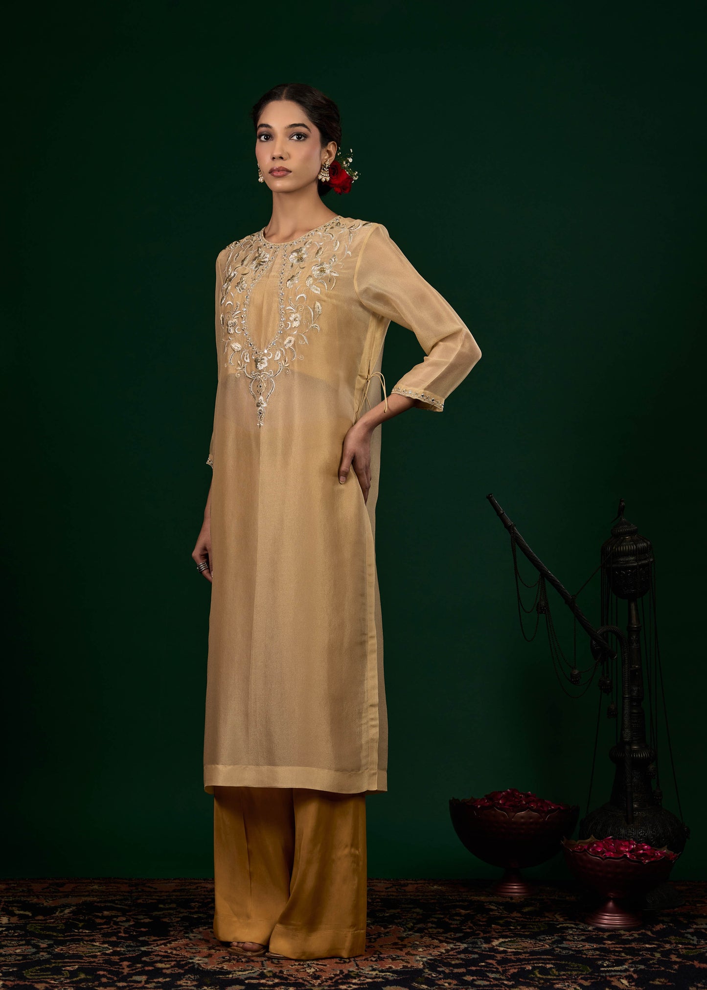 Gulnaar Tissue Kurta with Slip & Trousers - Gold & Beige