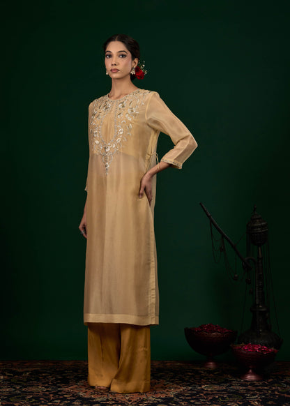 Gulnaar Tissue Kurta with Slip & Trousers - Gold & Beige