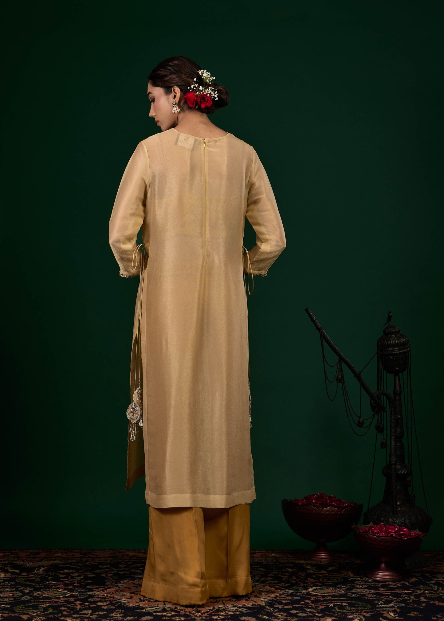 Gulnaar Tissue Kurta with Slip & Trousers - Gold & Beige