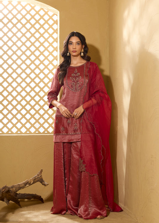 Noorani Short Kurta with Sharara - Red