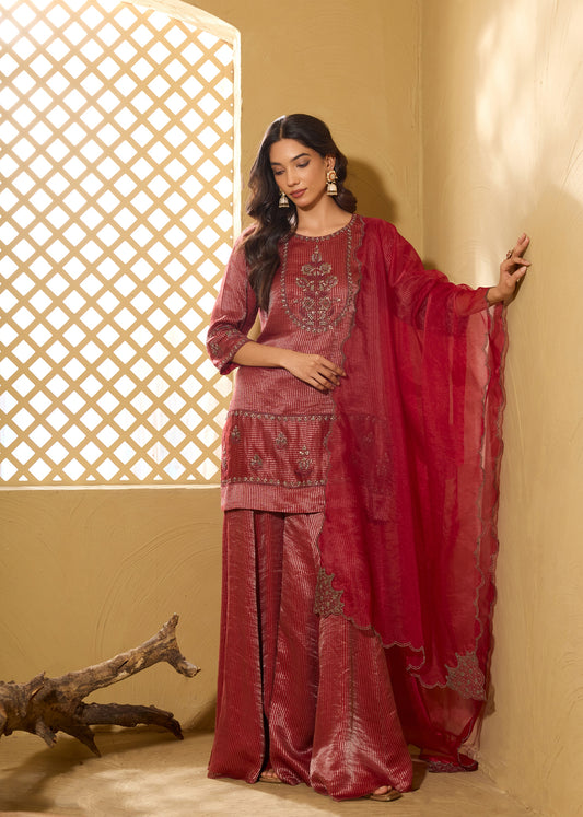 Noorani Short Kurta with Sharara - Red