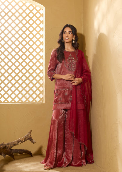 Noorani Short Kurta with Sharara - Red
