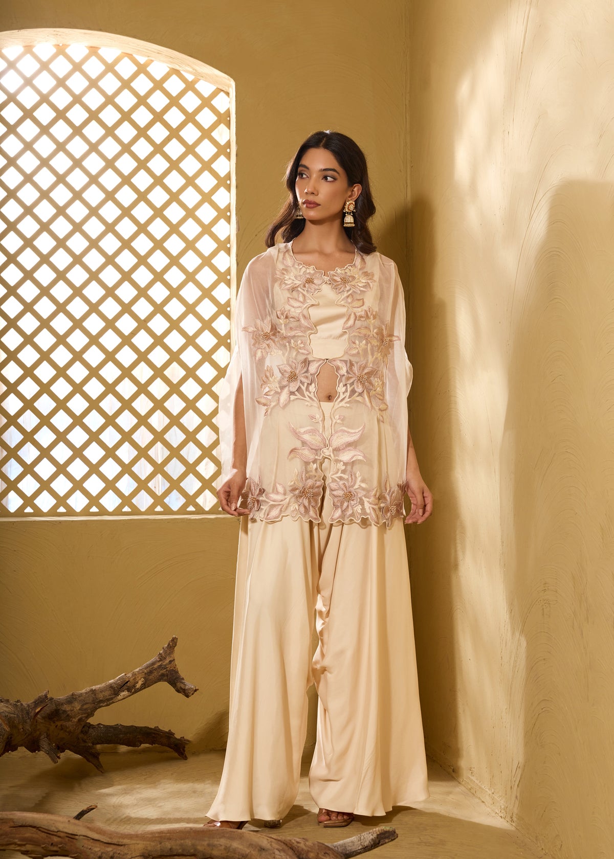 Ivory 3D Lily Cape with Dhoti Pants