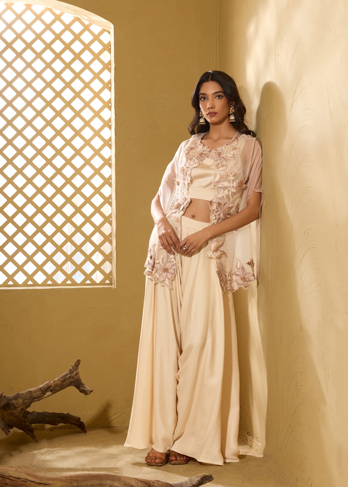 Ivory 3D Lily Cape with Dhoti Pants