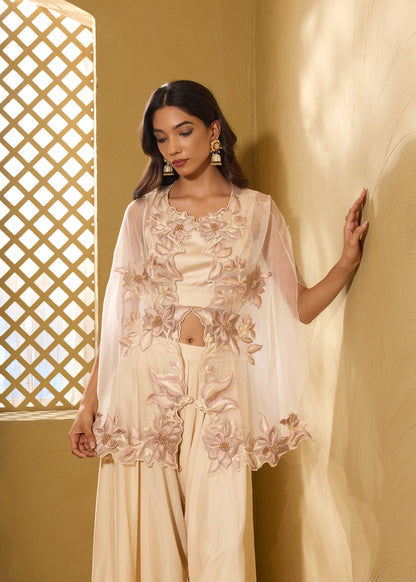 Ivory 3D Lily Cape with Dhoti Pants