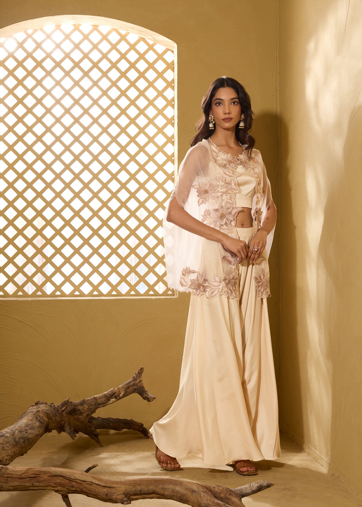 Ivory 3D Lily Cape with Dhoti Pants