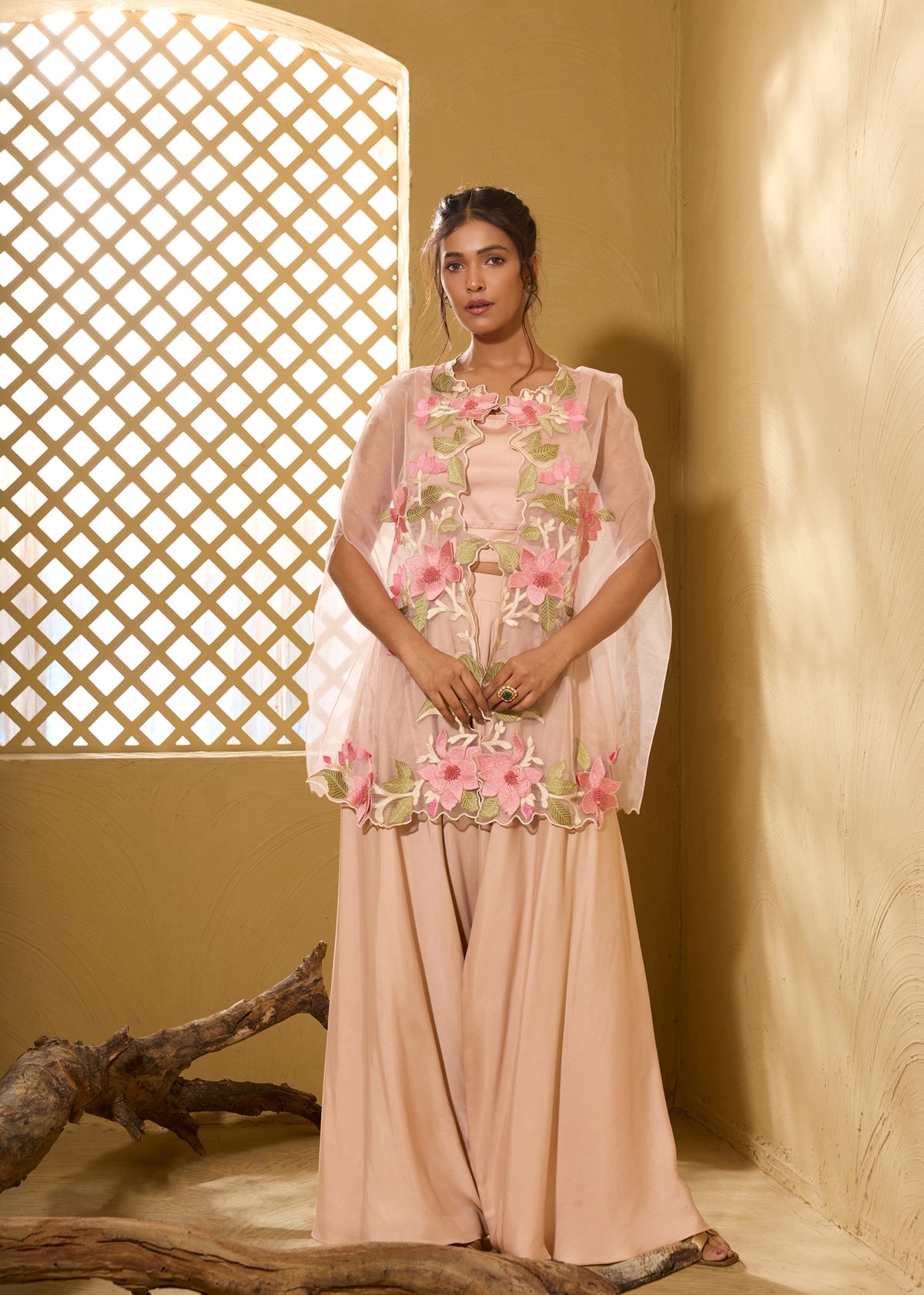 Pink 3D Lily Cape with Dhoti Pants