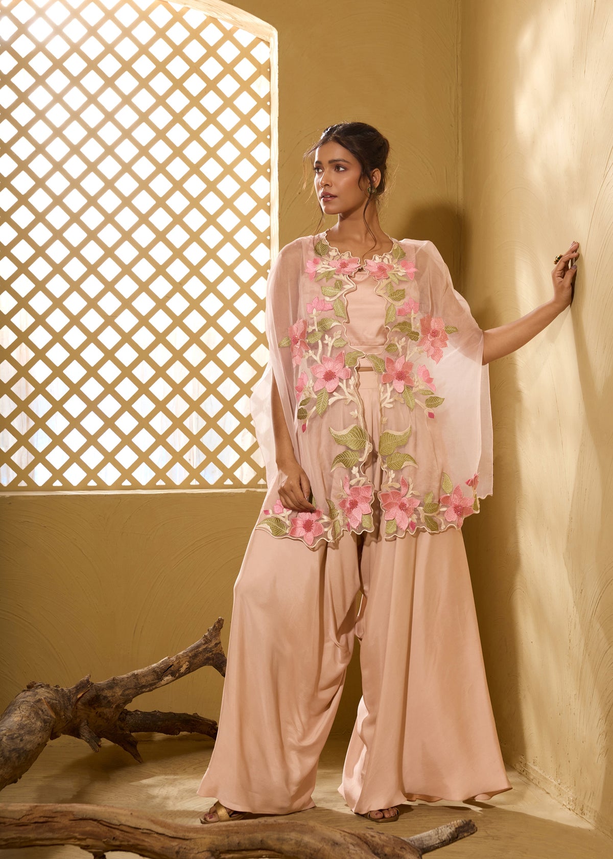 Pink 3D Lily Cape with Dhoti Pants