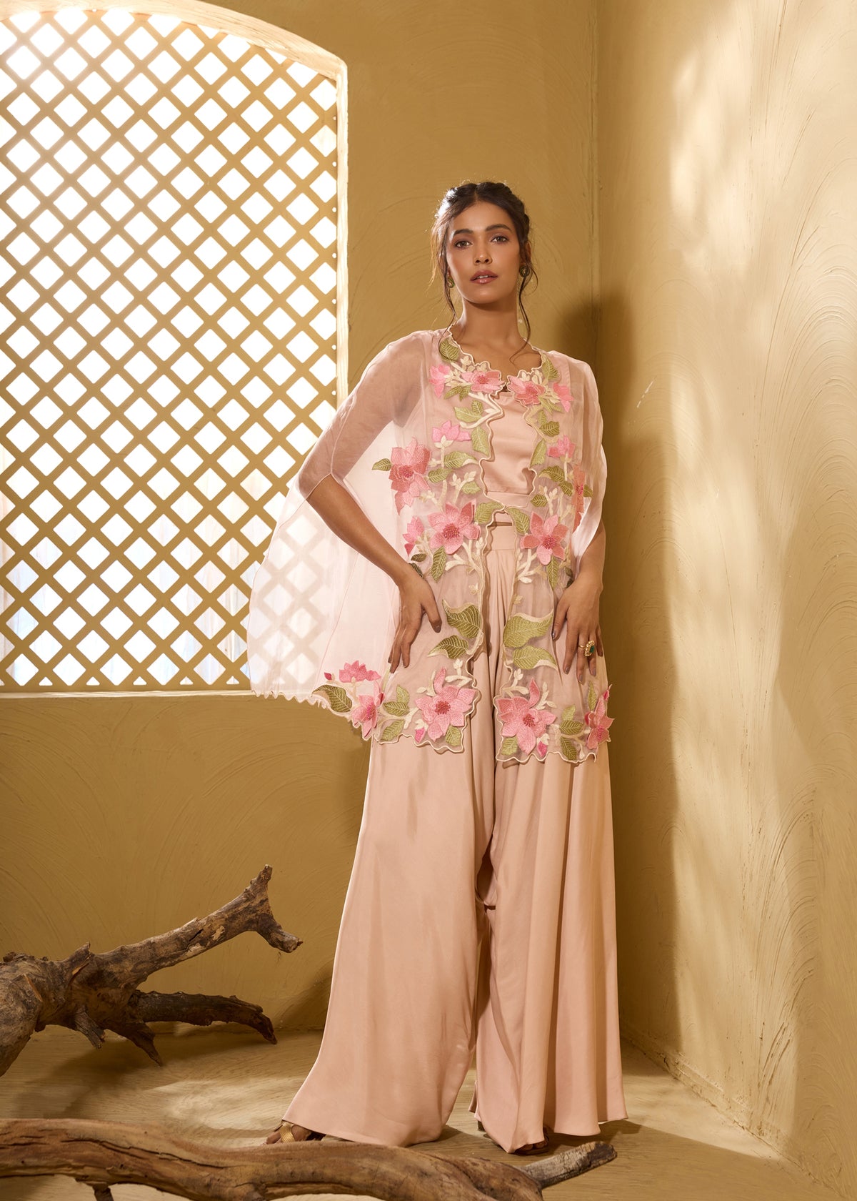 Pink 3D Lily Cape with Dhoti Pants
