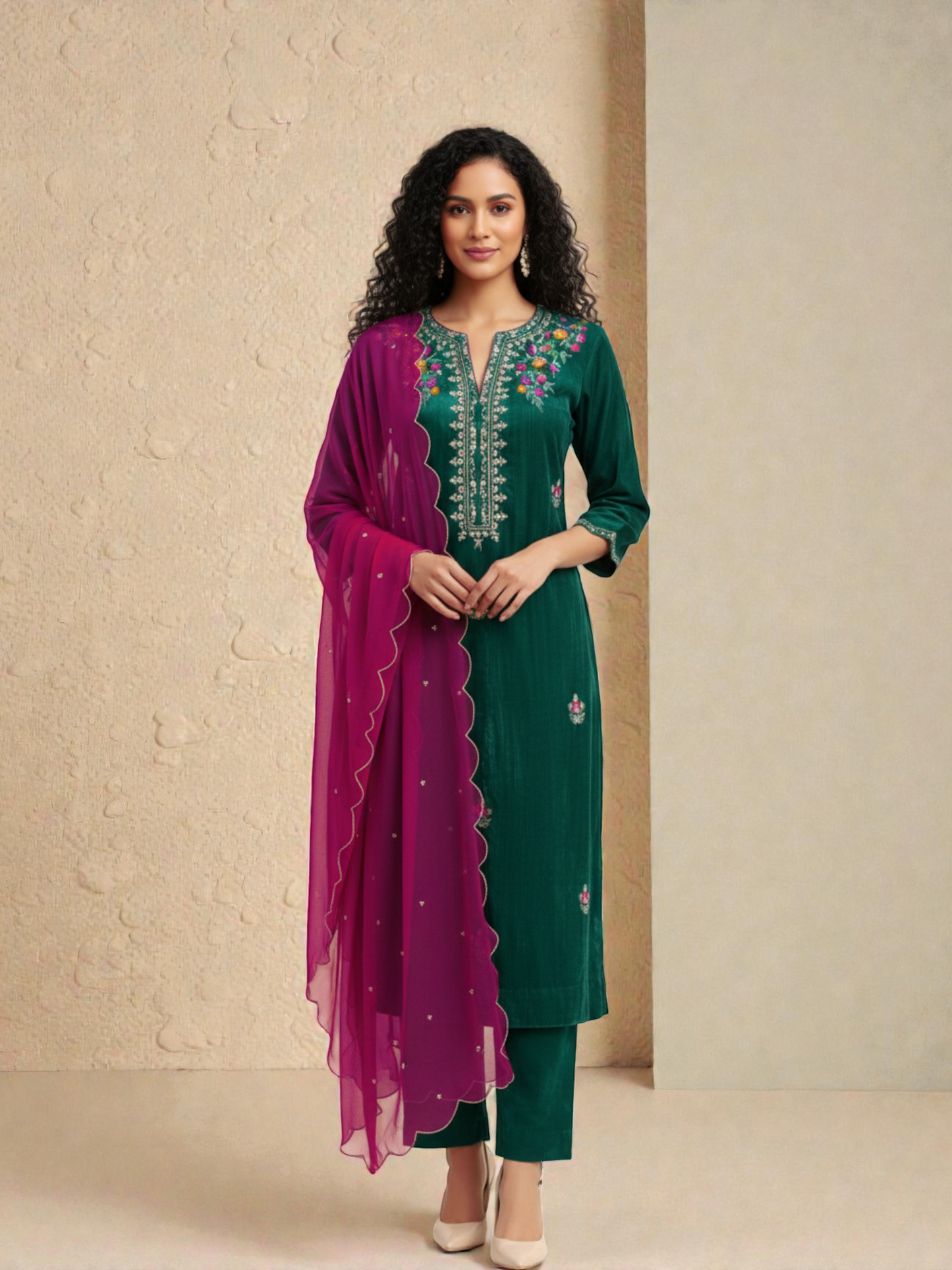 Woman wearing a green embroidered kurta with a pink dupatta against a beige background