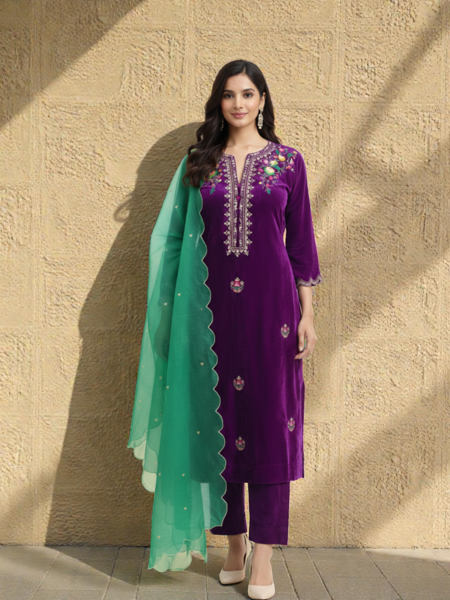 Woman wearing a purple embroidered outfit with a green dupatta against a textured beige wall.