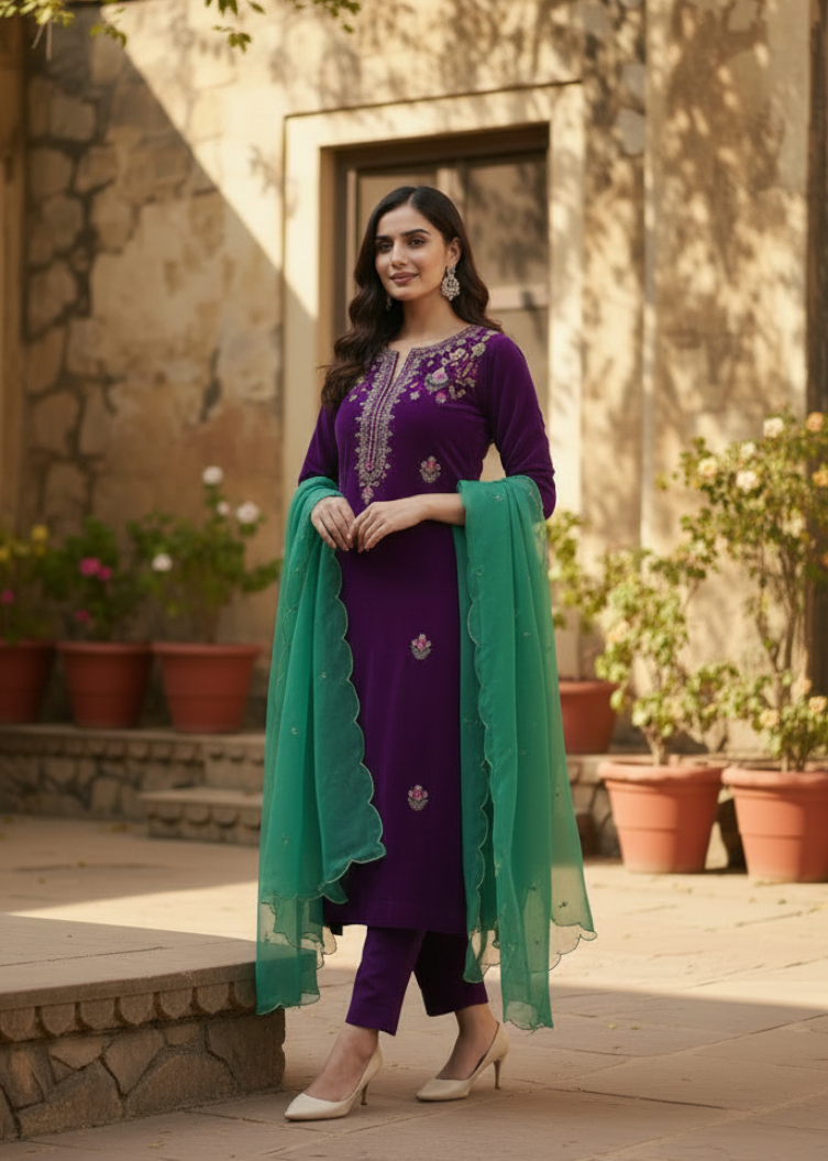 Woman in a purple traditional outfit with a green dupatta standing in an outdoor setting with plants and stone walls.