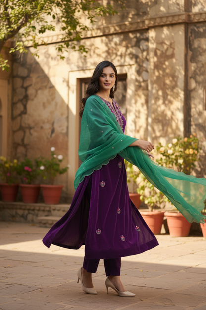 Velvet Meher Kurta Set - Purple