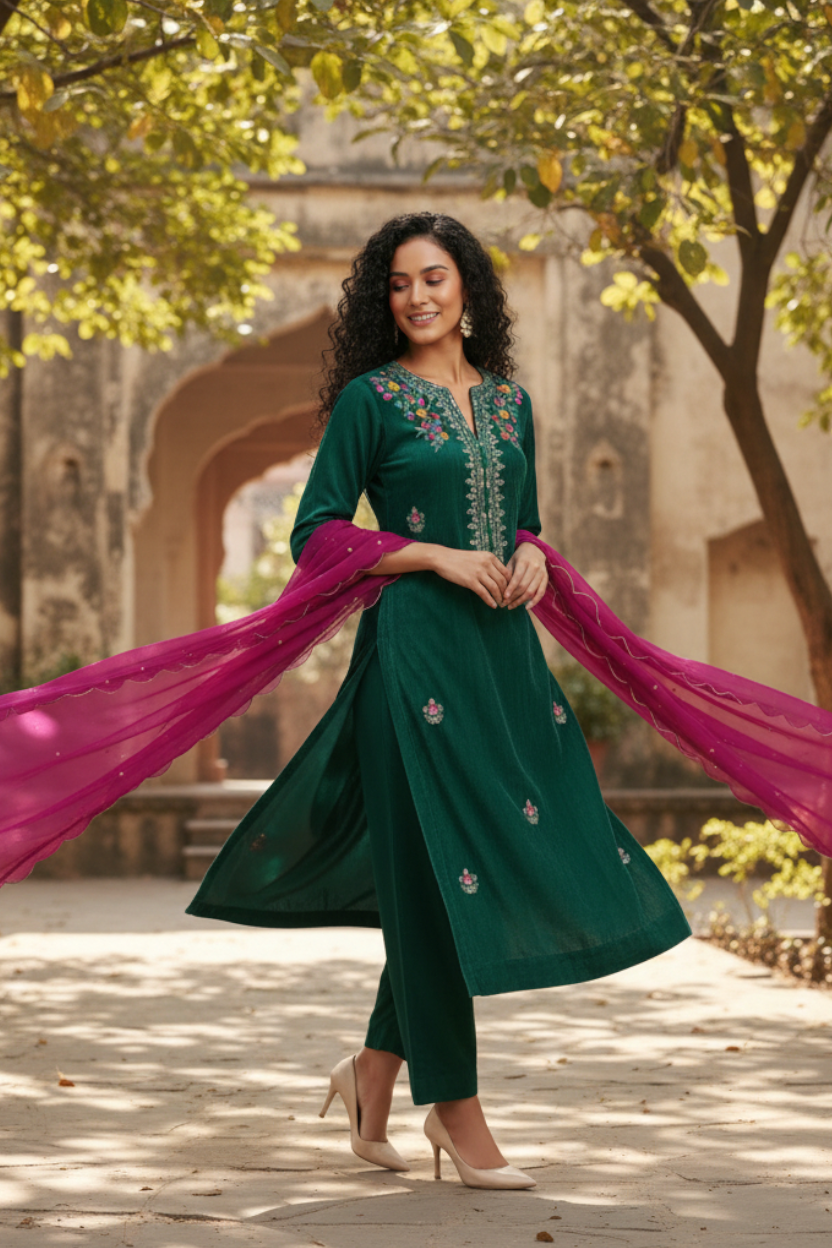 Woman in a green traditional outfit with pink dupatta standing outdoors.