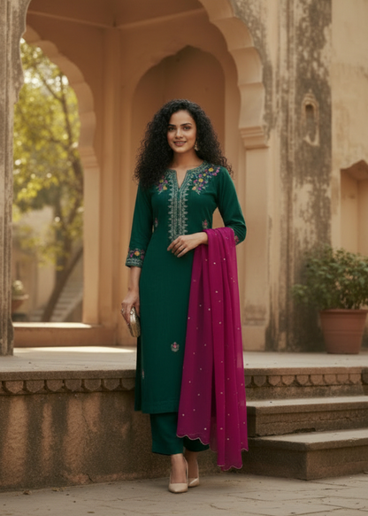 Woman in a green traditional outfit with pink dupatta standing in an outdoor setting.