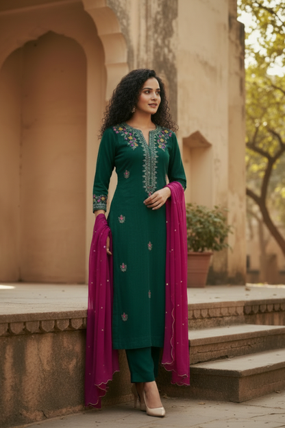 Woman in a green embroidered outfit with a pink dupatta standing outdoors.