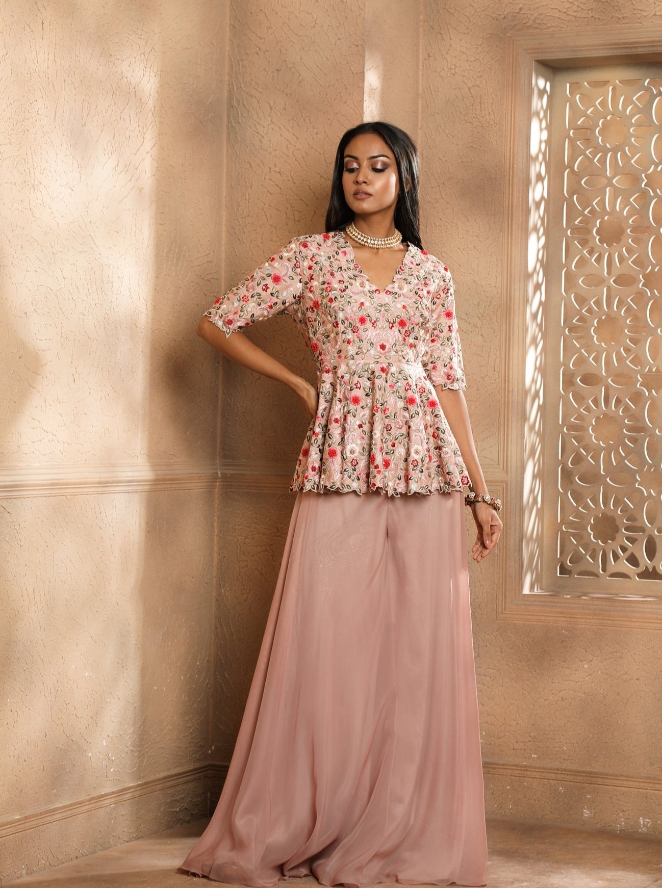 Multicolor Floral Embroidered peplum with an Organza Sharara.