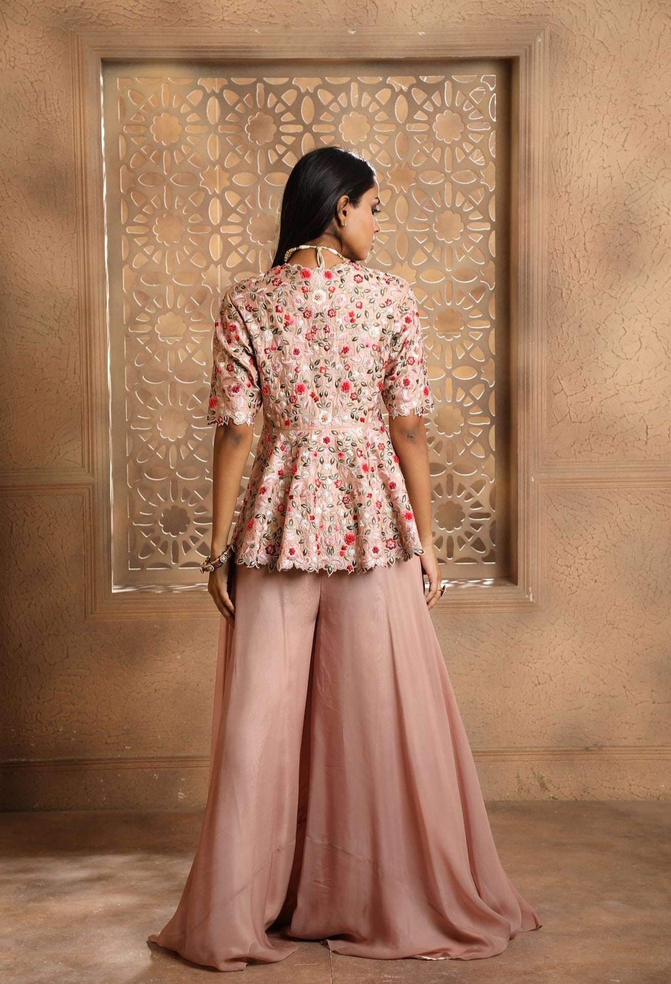 Multicolor Floral Embroidered peplum with an Organza Sharara.