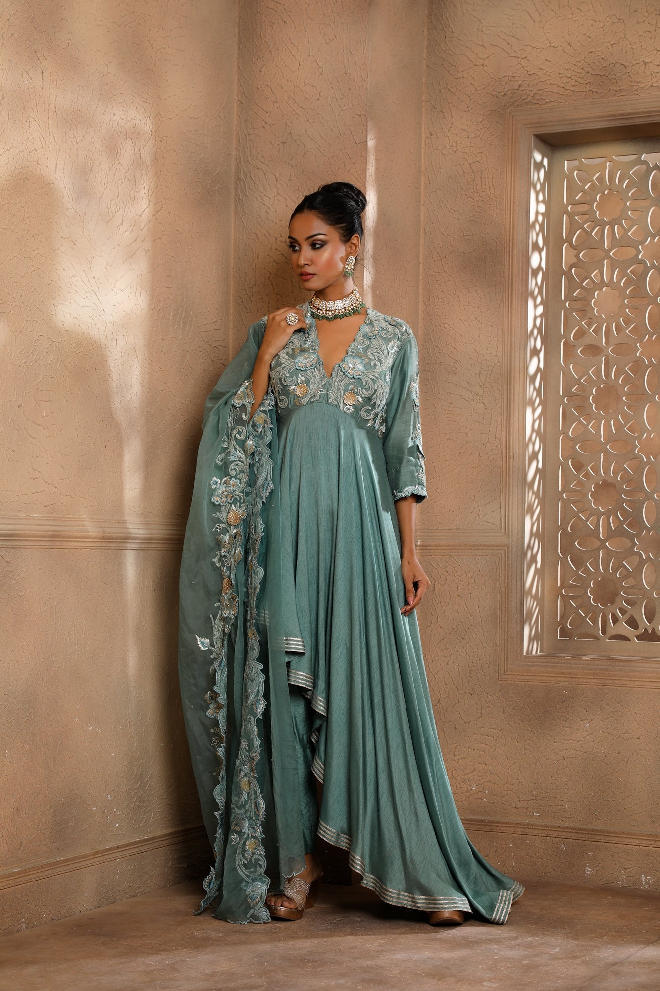 Teal Asymmetrical Anarkali with Trousers – omanabyranjanabothra