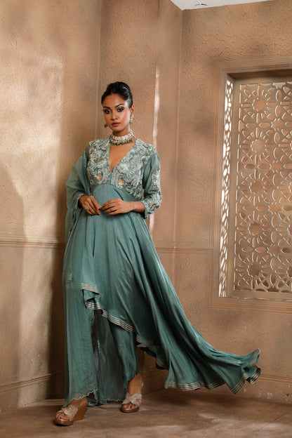 Teal Asymmetrical Anarkali with Trousers
