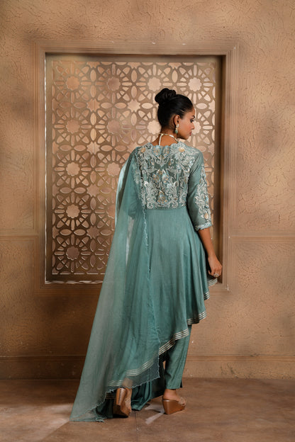 Teal Asymmetrical Anarkali with Trousers