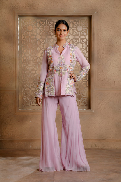 Lilac Multicolor embroidered Peplum Jacket with an Organza Bell Bottom