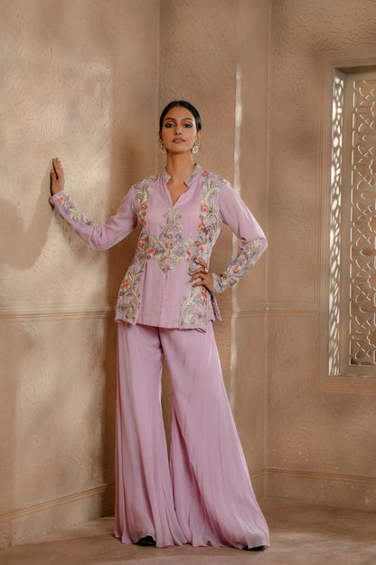 Lilac Multicolor embroidered Peplum Jacket with an Organza Bell Bottom
