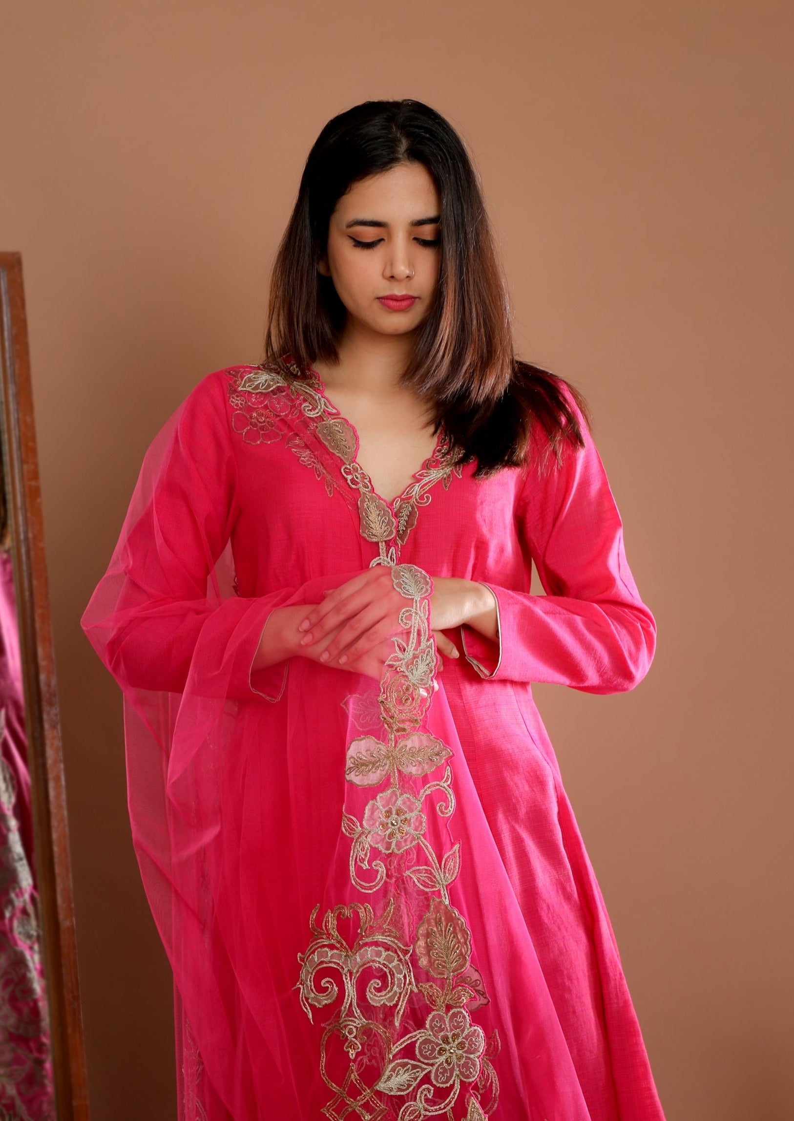 Pink Chanderi Anarkali Set - Indianwear - Omana by ranjana bothra