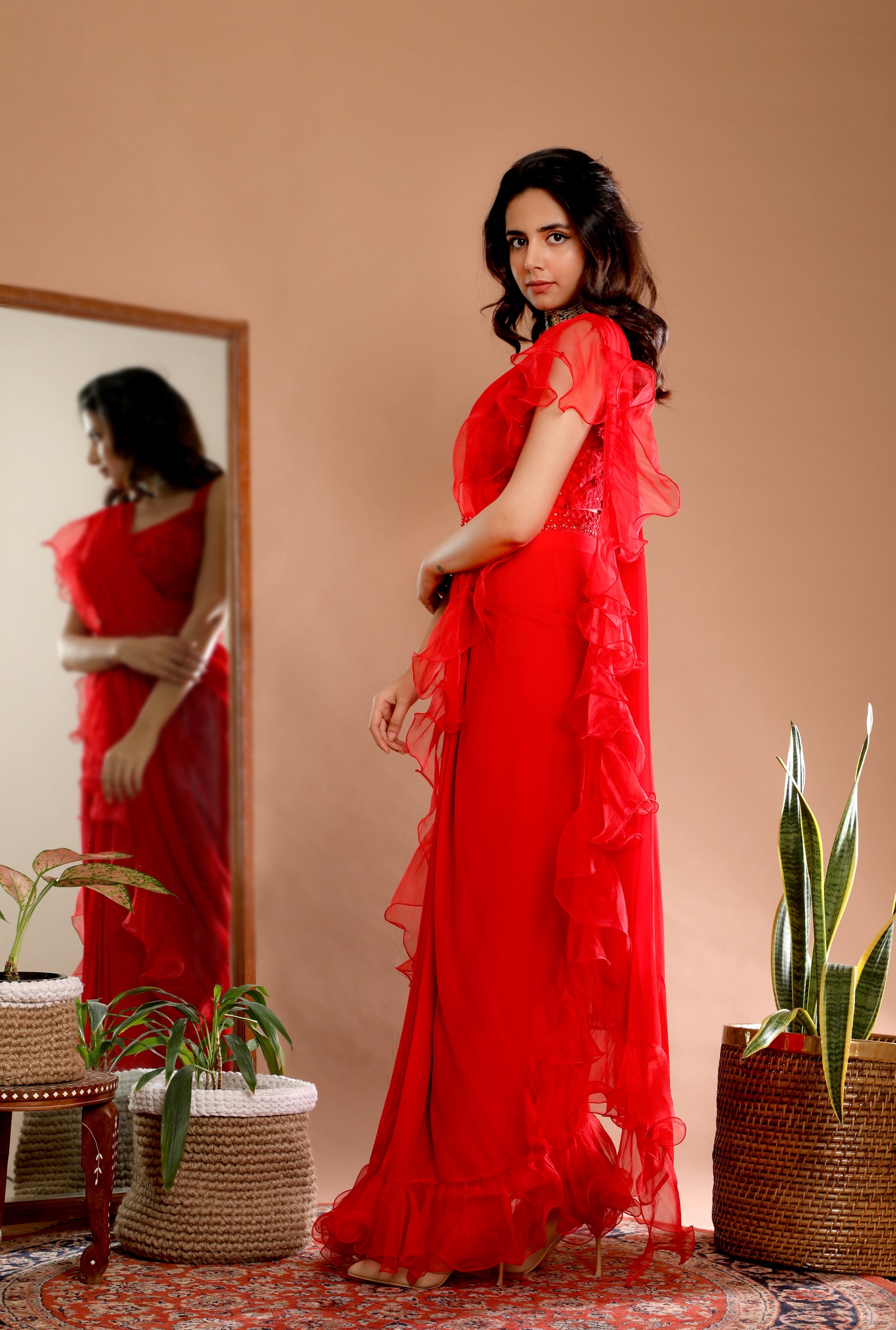 Red Color Frill Fabric Ruffle Saree