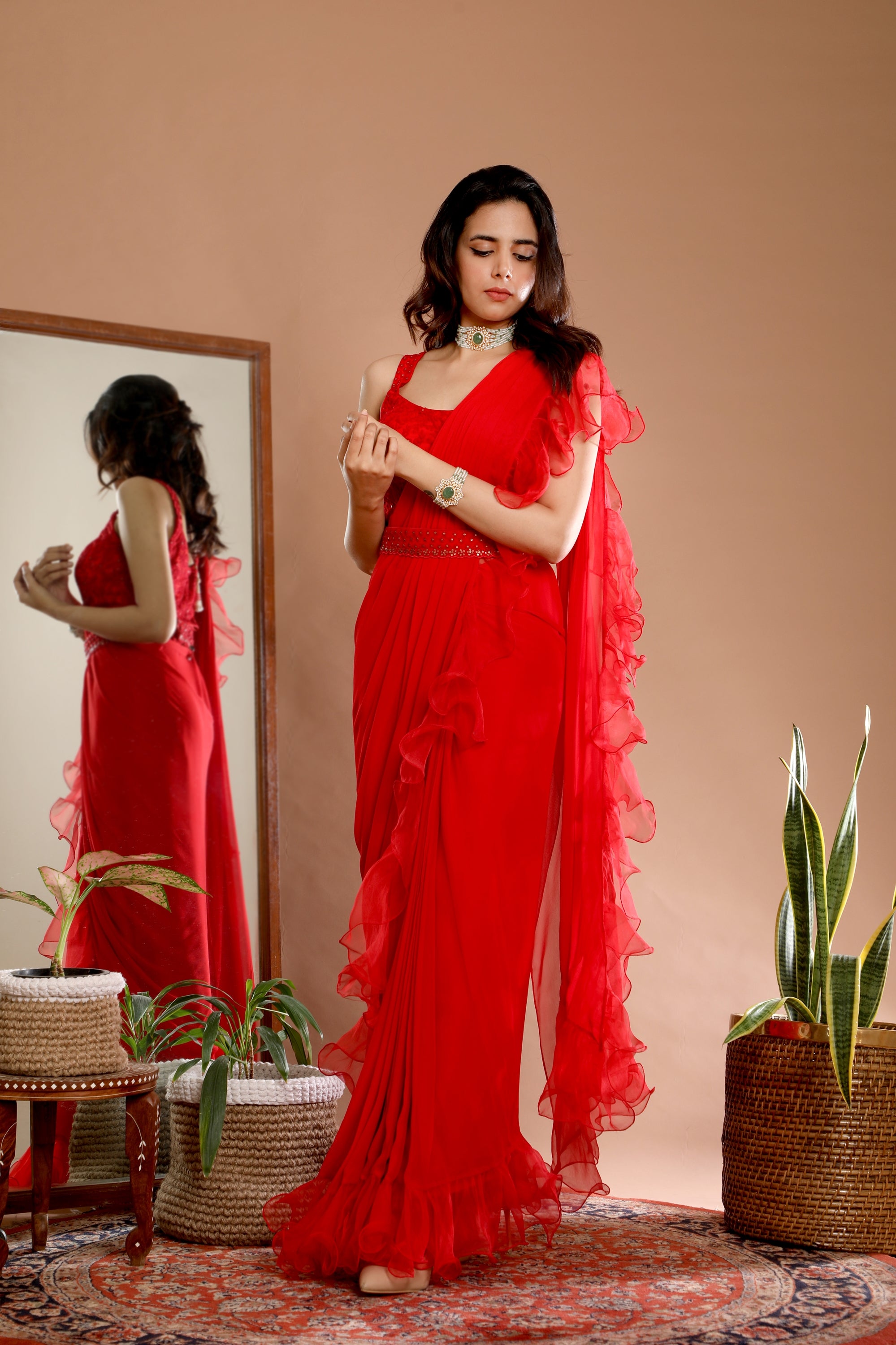 Pre-Draped Ruffle Saree with Blouse | Saree trends, Saree designs party  wear, Saree with belt