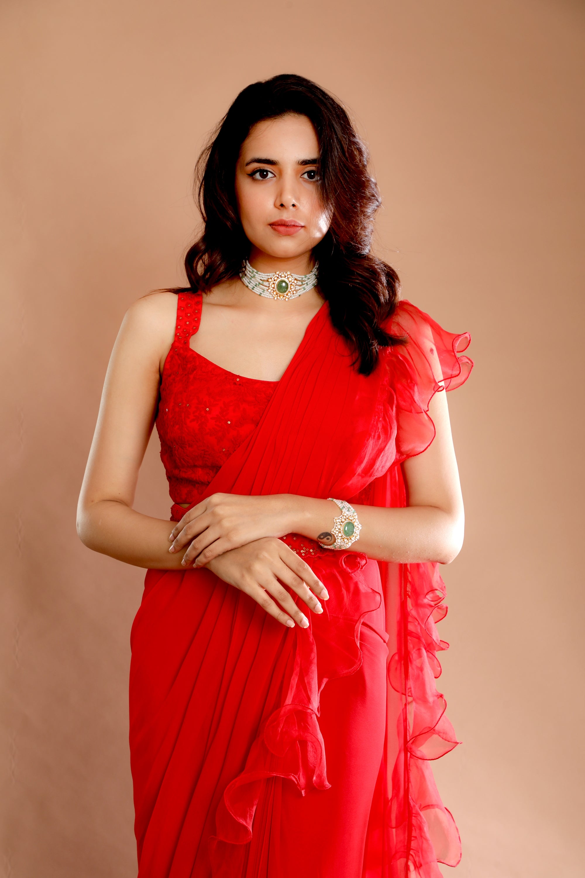 Rust Red pre-stiched Ruffle Saree - Priti Sahni - East Boutique