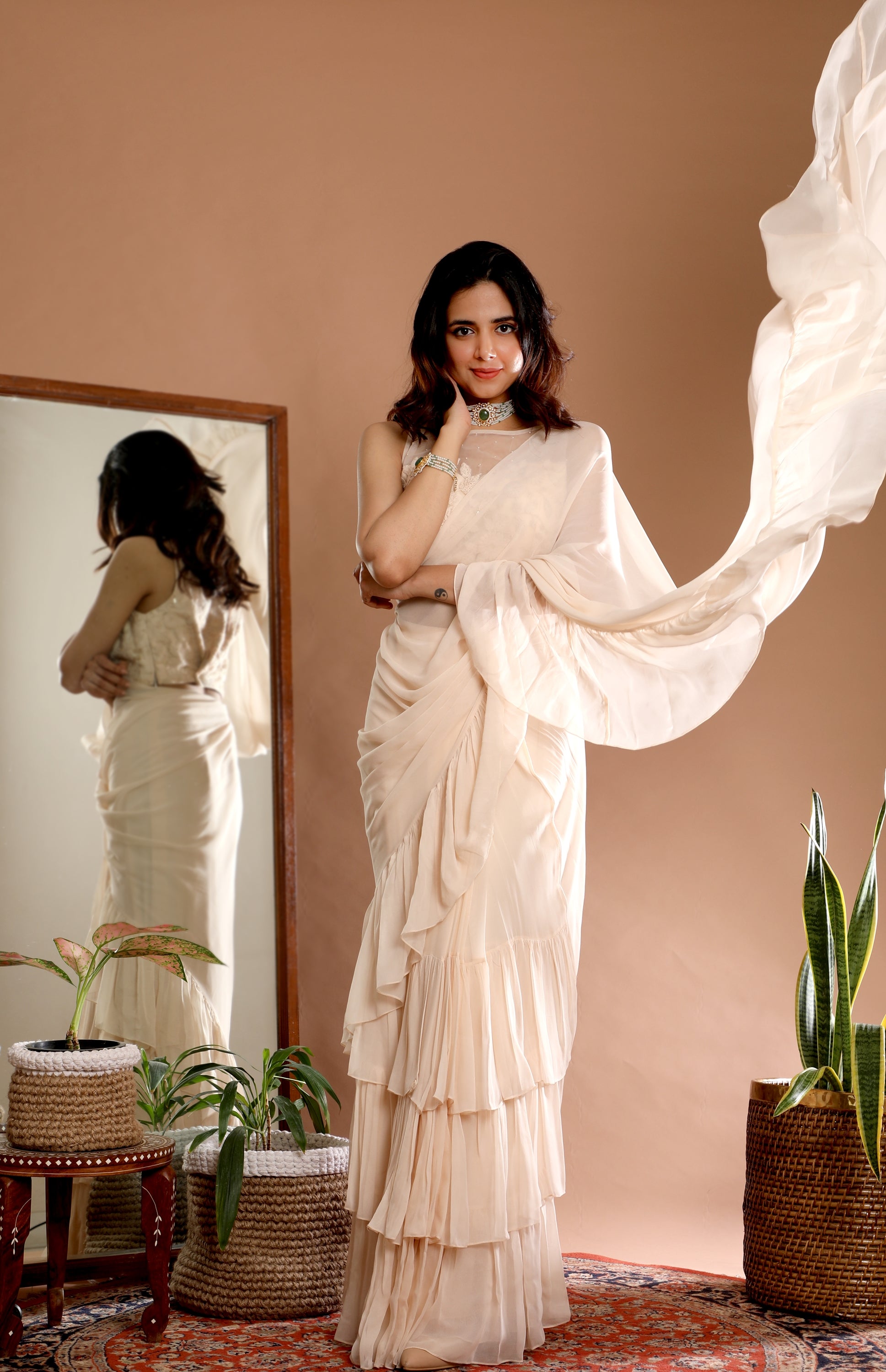 Cream Frill layer Saree - Indian Wear - Omana by ranjana bothra
