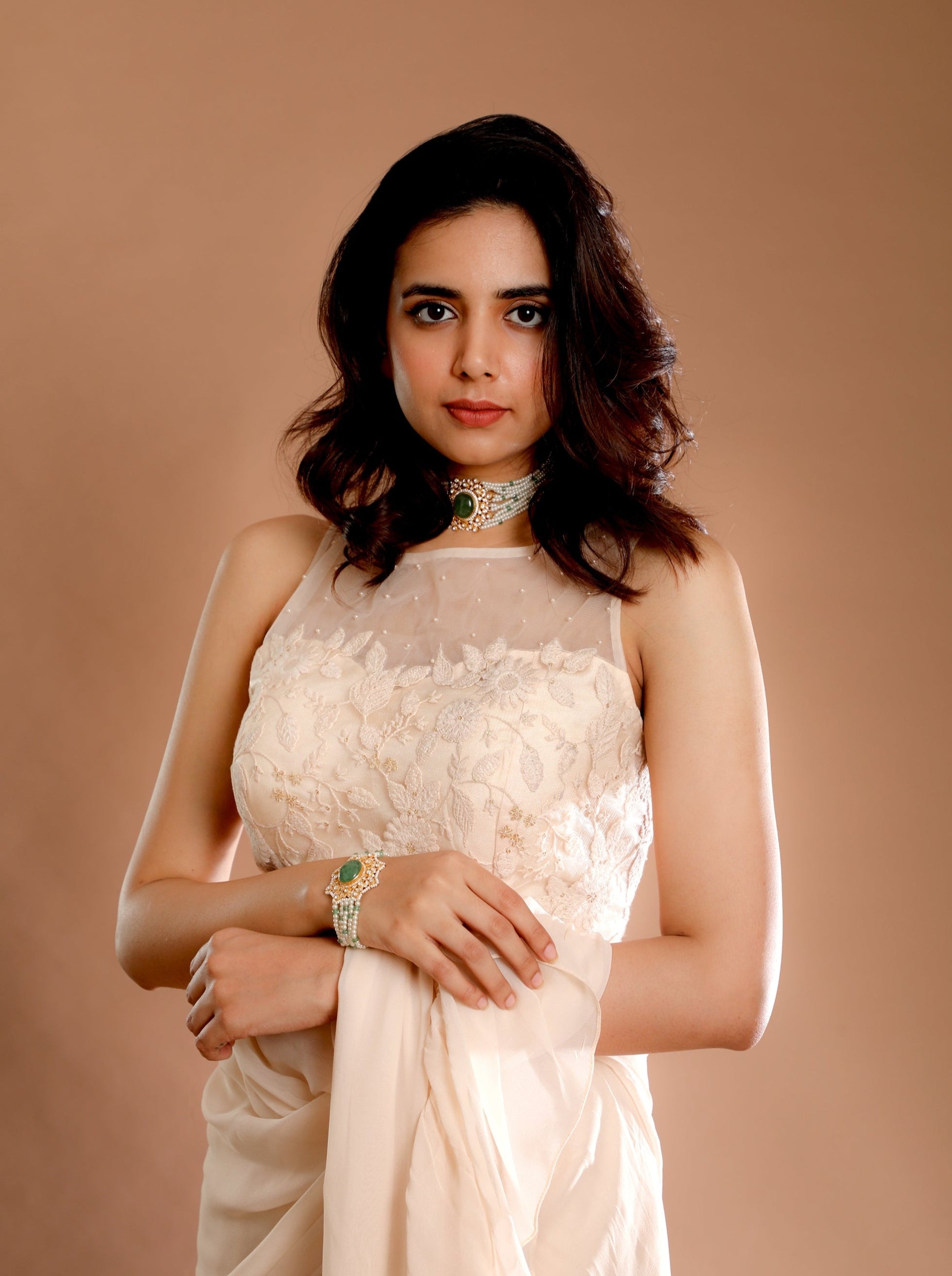 Cream Frill layer Saree - Indian Wear - Omana by ranjana bothra