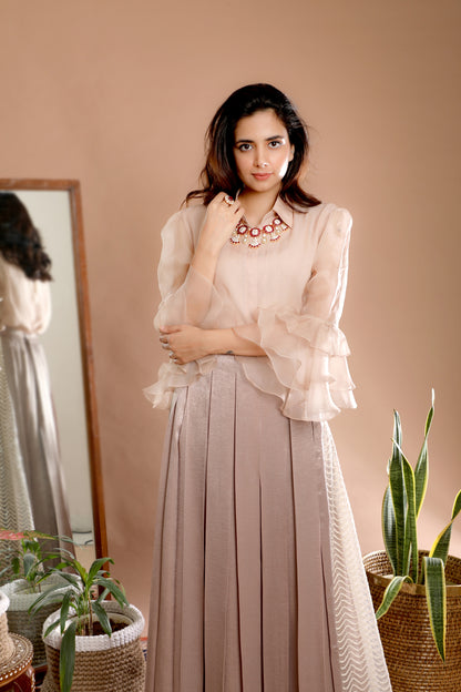 Box Pleated Skirt with Organza Shirt