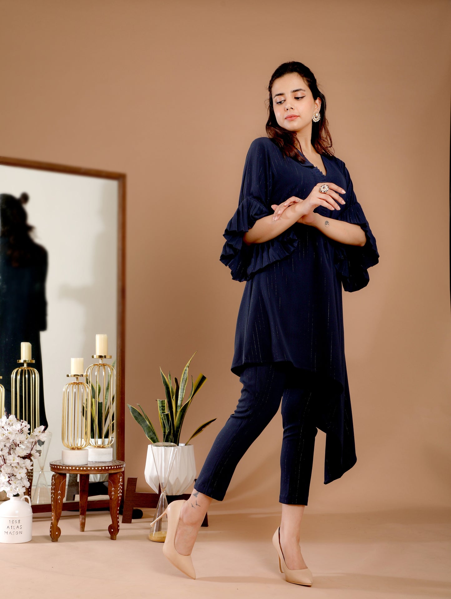 Navy Asymmetrical Tunic Set - Omana by Ranjana Bothra - Pret Collection