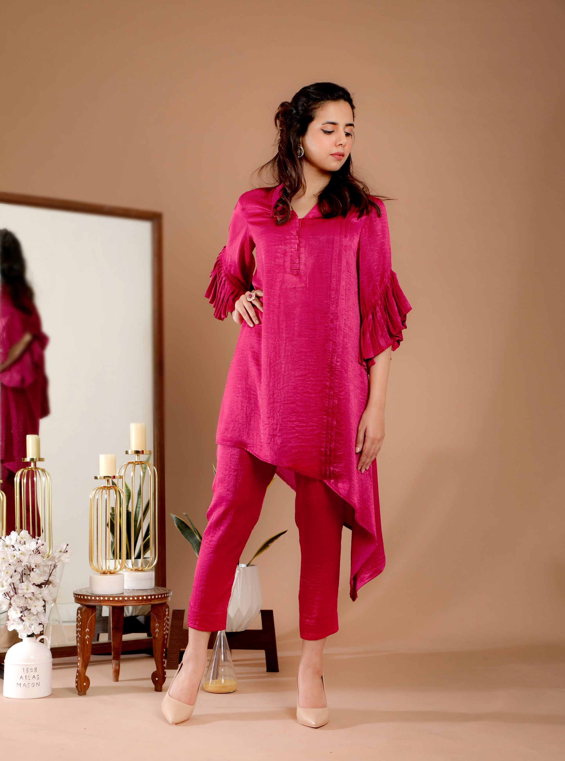 Pink Asymmetrical Tunic Set - Omana by Ranjana Bothra - Pret Collection